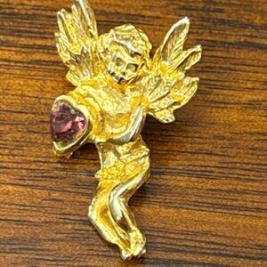 Gold-Tone Cherub Brooch with Pink Heart Gem
